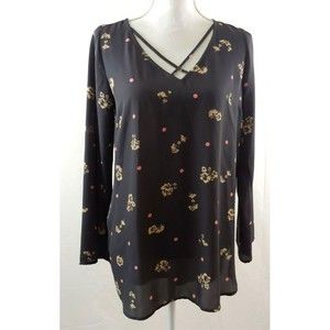 Express Womens Top Small Long Sleeve Gray Floral Open Neck Detail Blouse Light